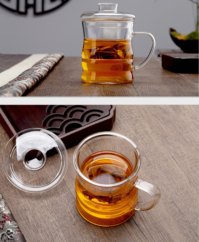 耐热玻璃茶杯过滤内胆三件套竹节杯办公用竹节泡茶杯350ML泡茶杯过滤带盖套装茶具