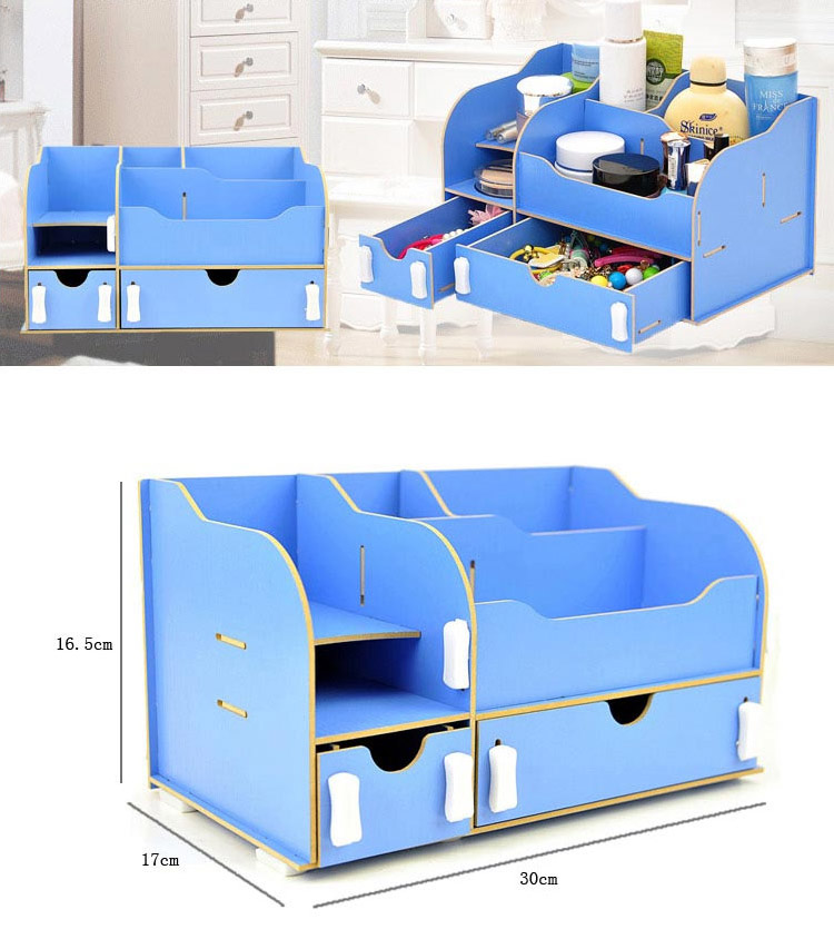 实用二代DIY双抽屉木质收纳盒桌面化妆品收纳盒多色随机