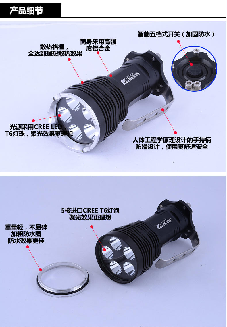 猎鹰计划 户外强光超远射探照灯 野外专业探险手电筒防水装备可充电 五档调光LED超亮手电筒超长续航