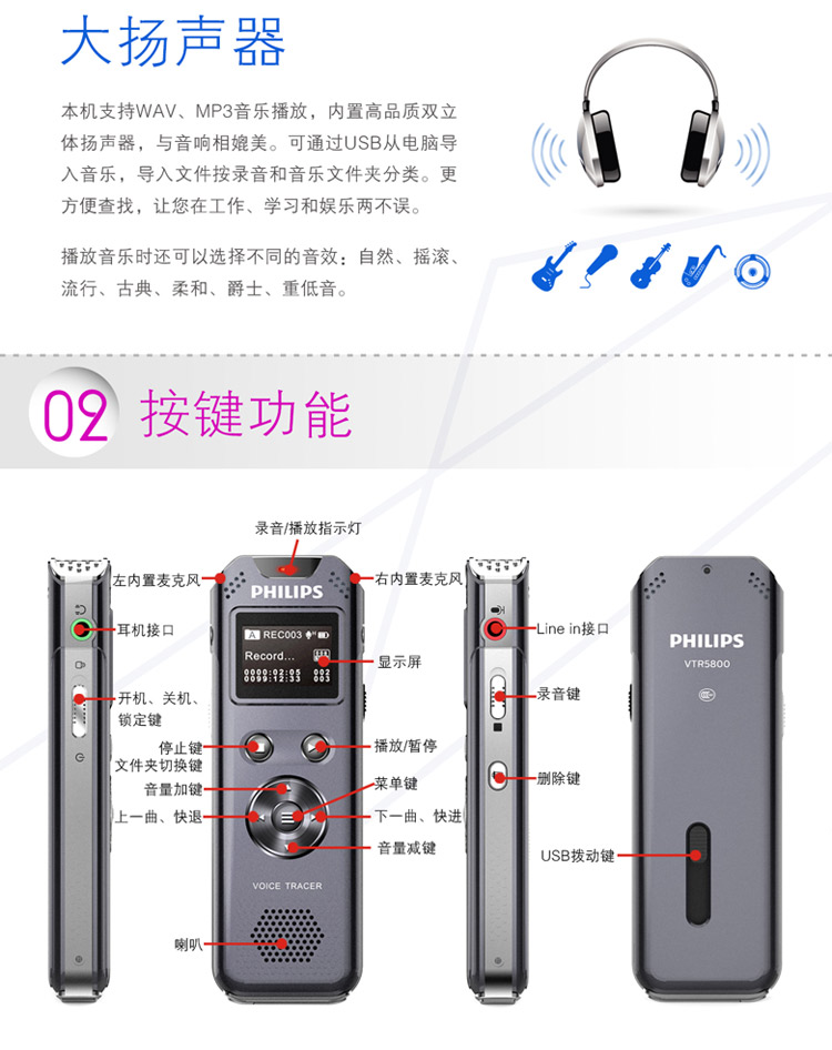 飞利浦（Philips）录音笔VTR5800专业微型 高清远距降噪声控智能MP3会议