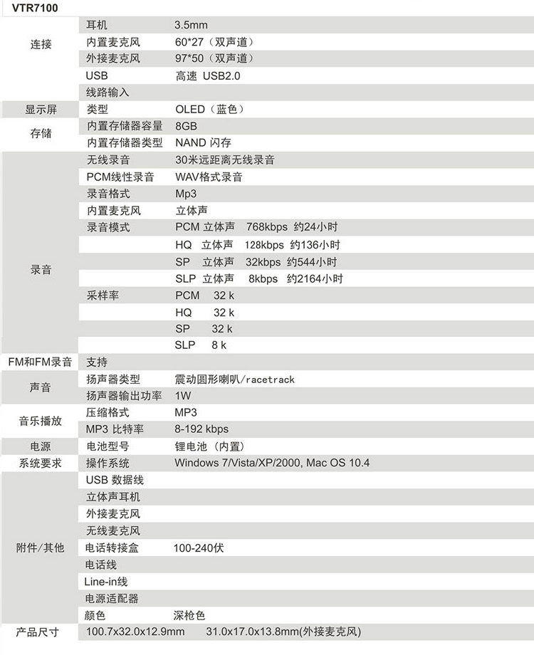 飞利浦（Philips）录音笔VTR7100 高清降噪 30米远距 声控 8G专业微型迷你