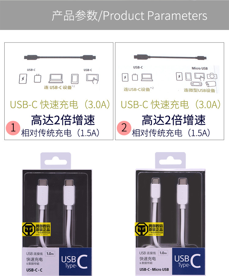索尼USB原装TYPE-C手机充电线数据线快速充电3A快充电流安卓通用