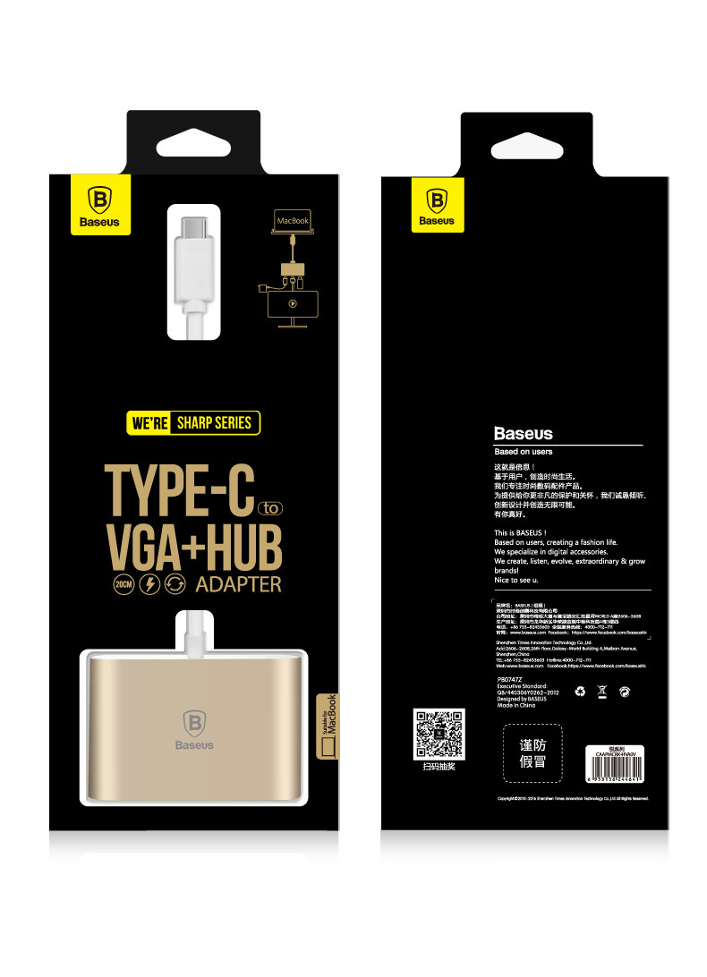 倍思 Type-c转VGA转换器USB连接线多功能HUB苹果12寸macbook充电