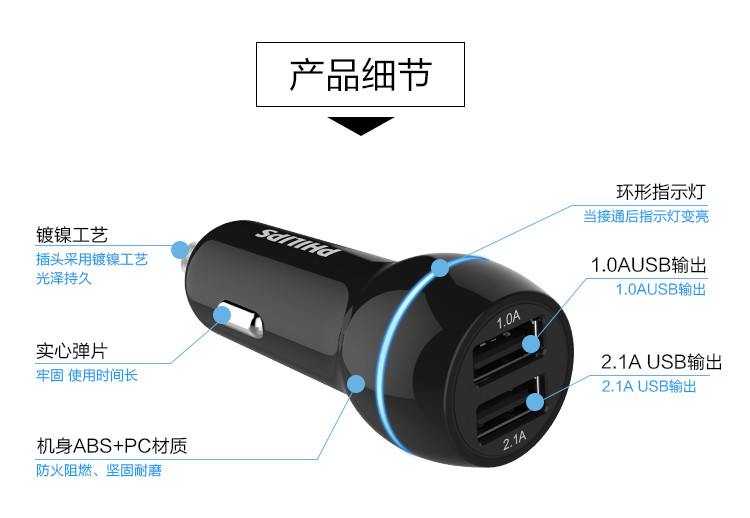 飞利浦车充车载点烟器手机平板电源充电器双USB口快速充电3.1A