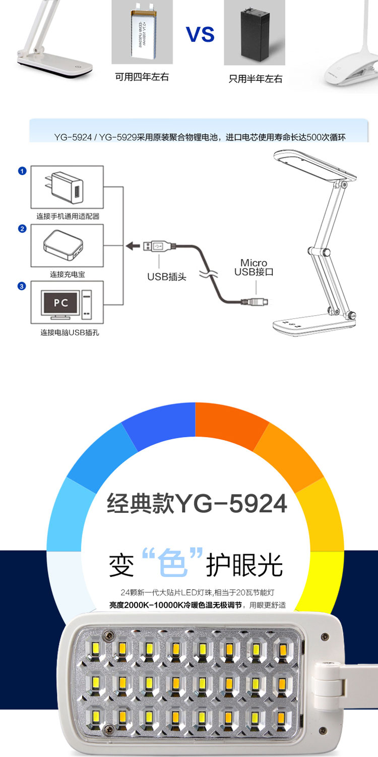 雅格 LED锂电充电台灯 冷暖光  USB触控折叠小台灯 YG-5924