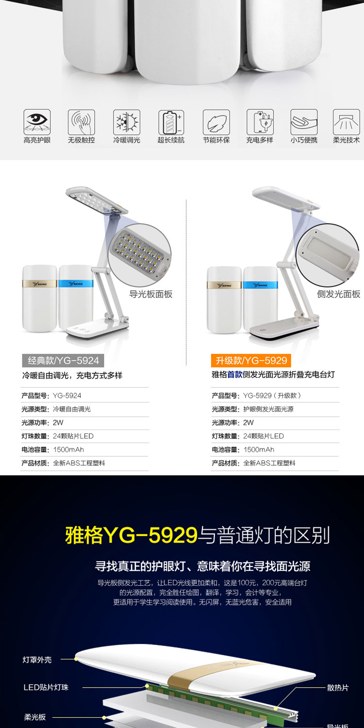 雅格 LED锂电充电台灯 冷暖光  USB触控折叠小台灯 YG-5924