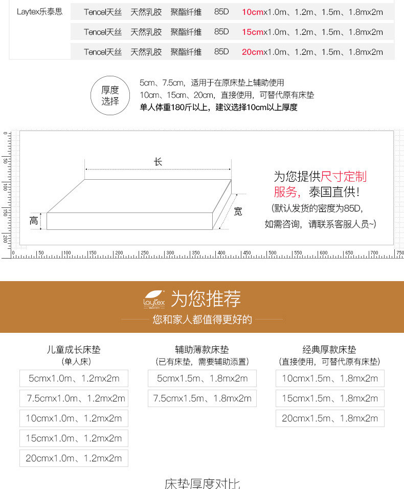 Laytex 泰国原装进口乳胶学生单人床垫（7.5x100x200CM) +原产地乳胶枕一个