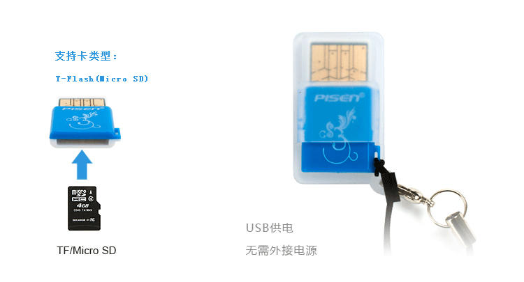 Pisen/品胜 TF（micro SD） 读卡器USB2.0 秀甲迷你小巧 带挂绳 手机内存卡适用