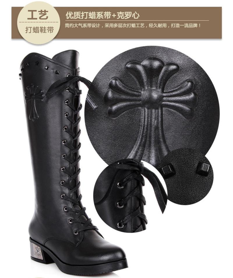 冬季新款欧美中筒靴圆头铆钉低跟骑士靴真皮骑士靴女士大码靴子