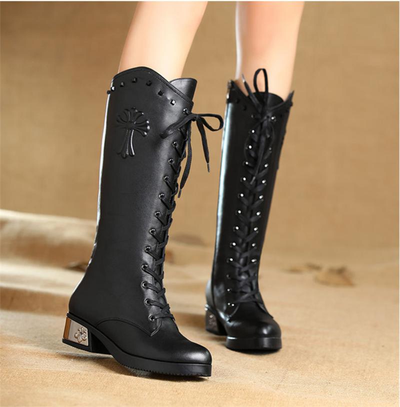 冬季新款欧美中筒靴圆头铆钉低跟骑士靴真皮骑士靴女士大码靴子