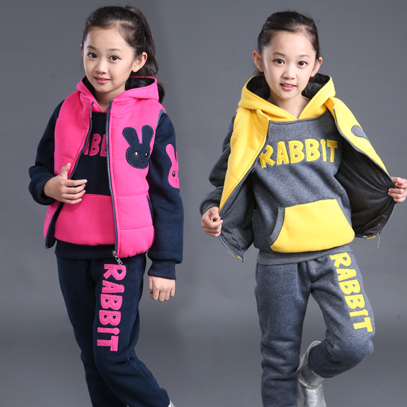 韩版童装加绒儿童加厚大童卫衣运动女童三件套装  XYT