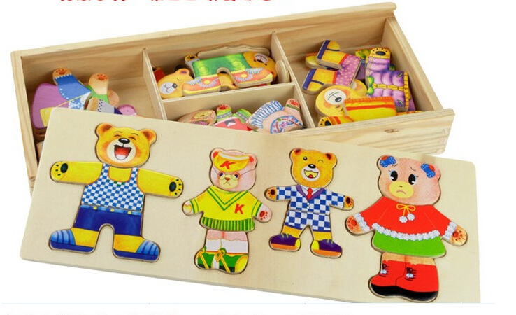 四小熊换衣服游戏RB68木制质儿童早教手抓穿衣配对拼图拼板MGWJ