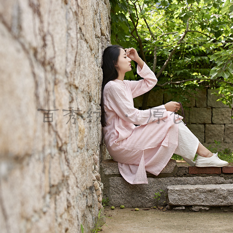 百秀纺棉麻女装古风文艺汉元素中国风长袖连衣裙BXF