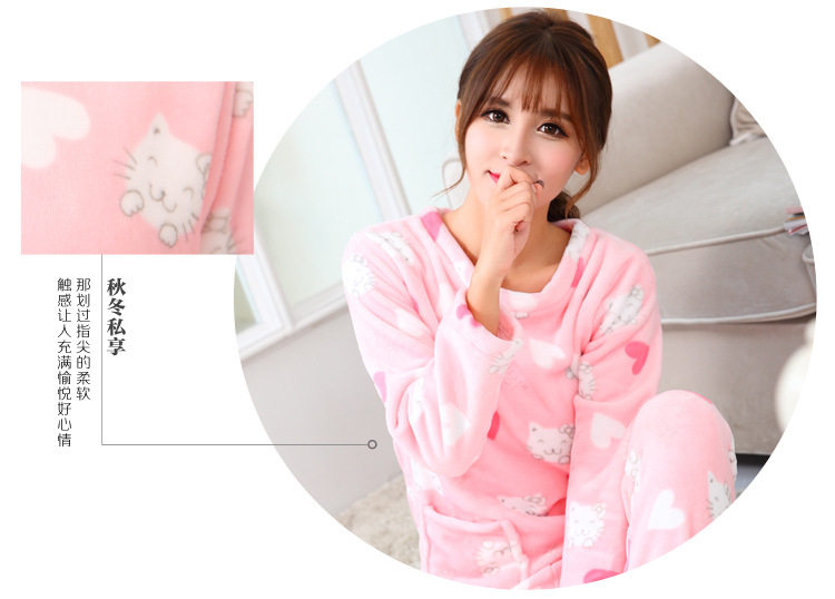 【预售】YT16Q704 珊瑚绒睡衣女套头圆领少女家居服卡通猫咪睡衣两件套YTSY
