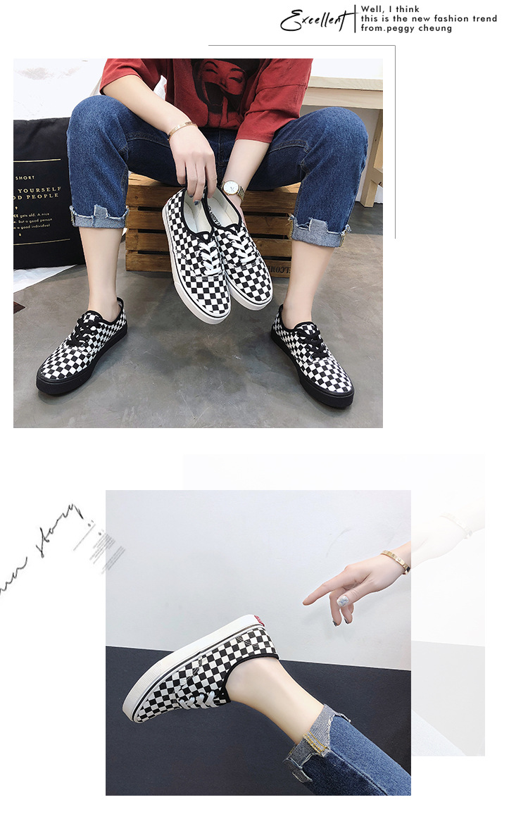帆布鞋女新款韩版黑白格子板鞋学生系带休闲鞋低帮单鞋5518  XLD