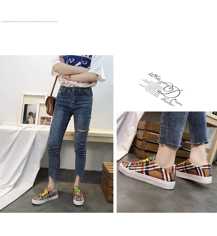 超火帆布鞋新款韩版格子彩虹鞋学生系带休闲鞋低帮厚底板鞋  XLD