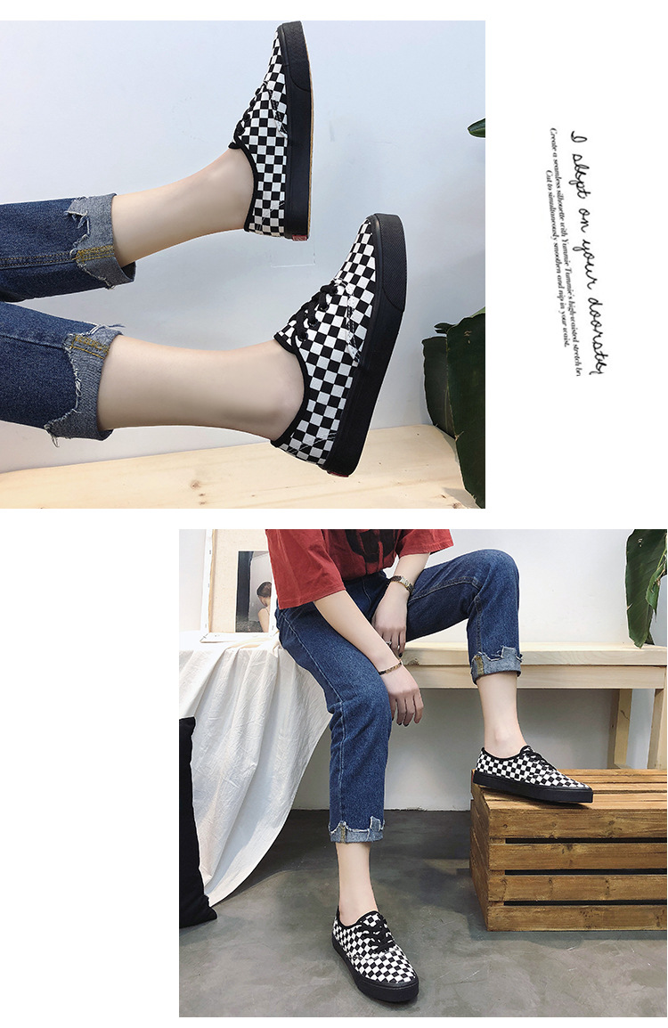 帆布鞋女新款韩版黑白格子板鞋学生系带休闲鞋低帮单鞋5518  XLD