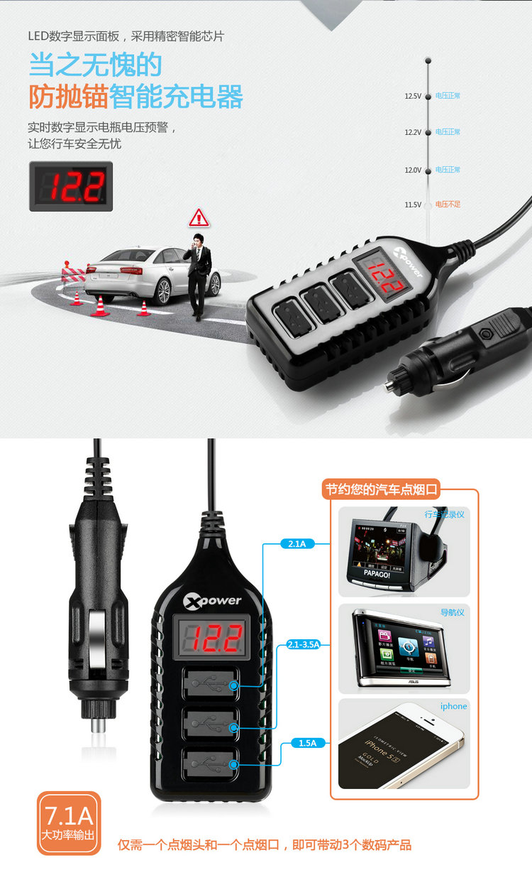 高欣 3USB车载充电器 实时电瓶检测数显 7.1安培输出 1.6米电源线