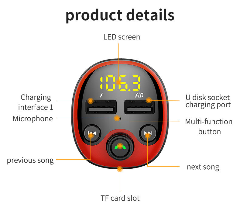 现代 车载蓝牙MP3播放器 音乐车充 蓝牙免提 语音导航 电压检测 双USB Q3.0快速充电