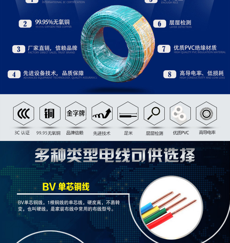 【电工电料】瑞金金字电线电缆阻燃单芯铜电线BV1平方 国标电线 家用照明线