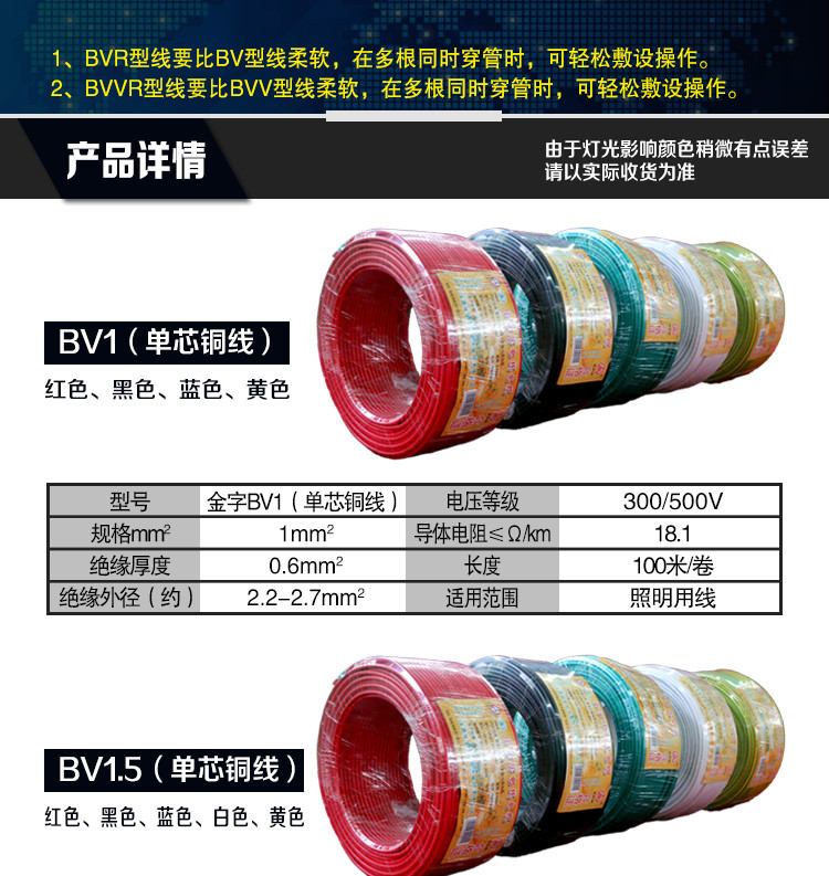 【电工电料】瑞金金字电线电缆阻燃单芯铜电线BV1.5平方 国标电线 家用照明线