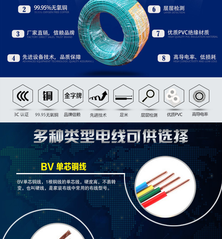 【电工电料】瑞金金字电线电缆单芯铜电线BV4平方 国标电线 家用照明线