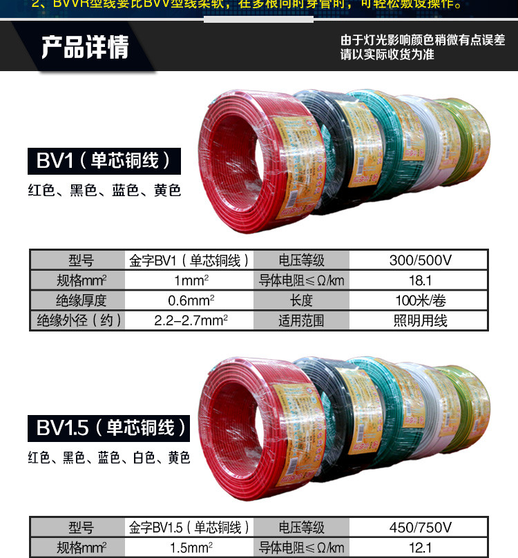 【电工电料】瑞金金字电线电缆单芯铜电线BV4平方 国标电线 家用照明线