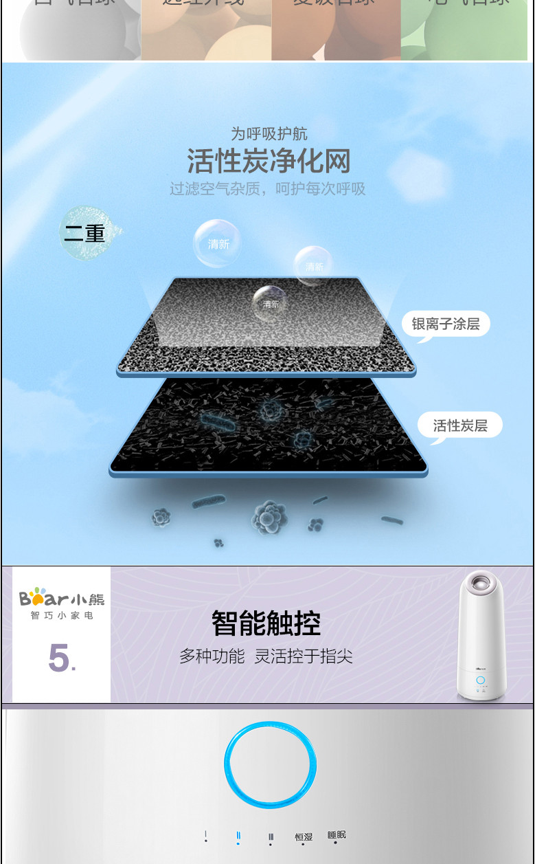 【赣州馆】小熊JSQ-C50R加湿器  智能恒湿 家用卧室客厅快速增湿器 桌面落地大容量净化香薰器