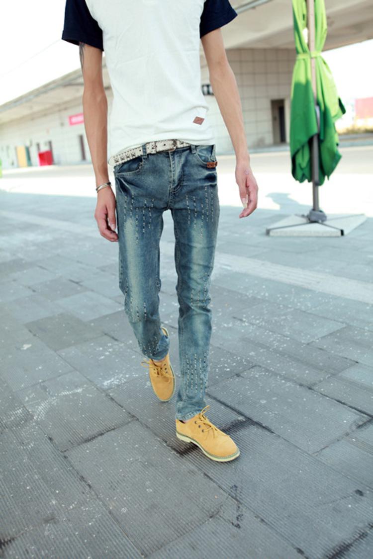 mssefn 2014新款 时尚个性男士修身破洞 后口袋贴皮男士潮牛仔裤2098-B02