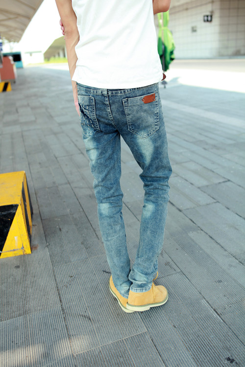 mssefn 2014新款 时尚个性男士修身破洞 后口袋贴皮男士潮牛仔裤2098-B02