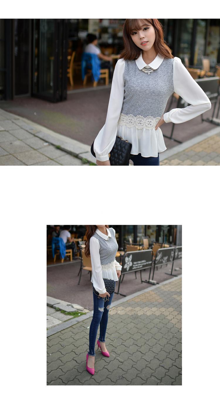 mssefn  2014秋季新款 圆领针织雪纺拼接长袖女式衬衫8619-C1001