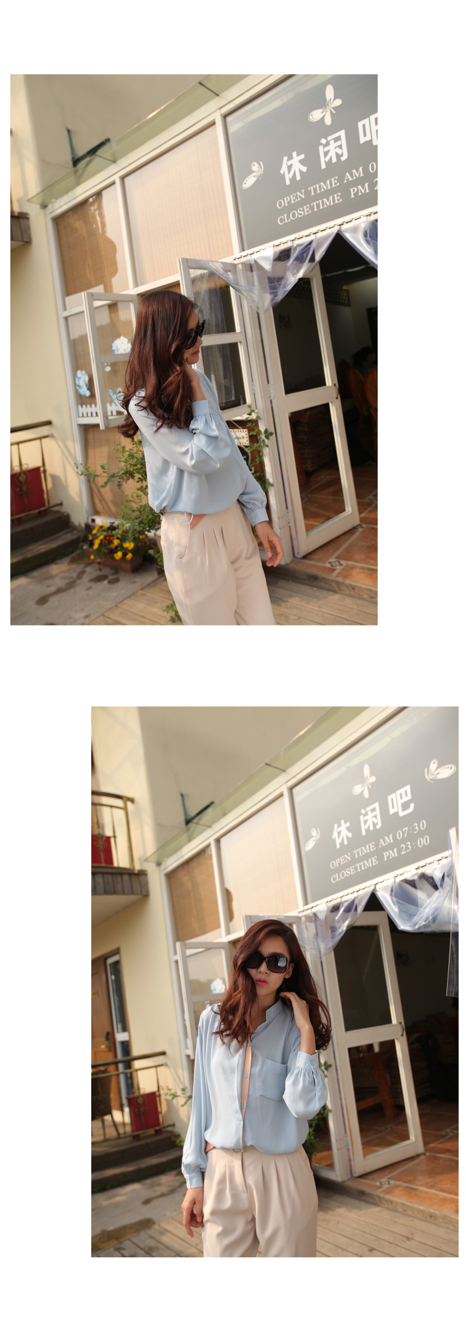 mssefn  2014新款 绅士的品格韩剧同款 韩版OL宽松大码立领长袖雪纺衬衫8615-QS01
