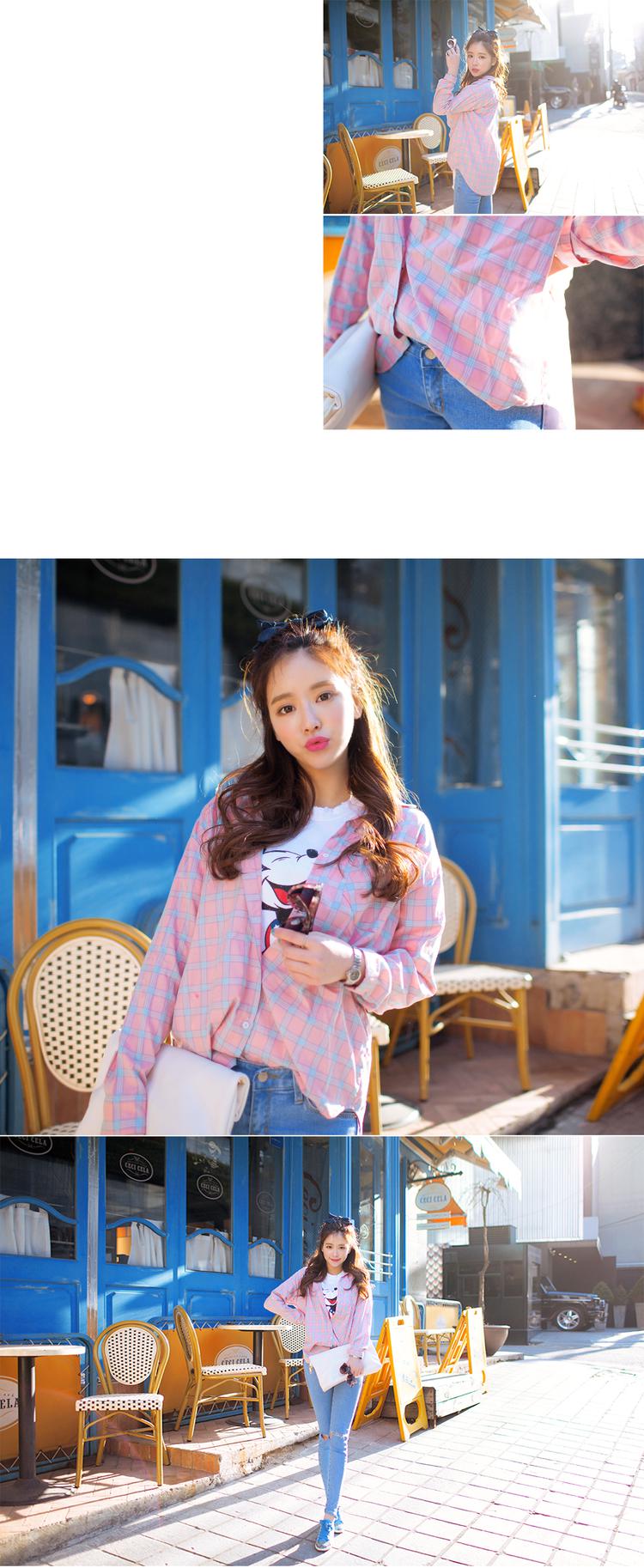 mssefn  2014新款  韩版修身长袖女士粉格衬衫 8611-C60