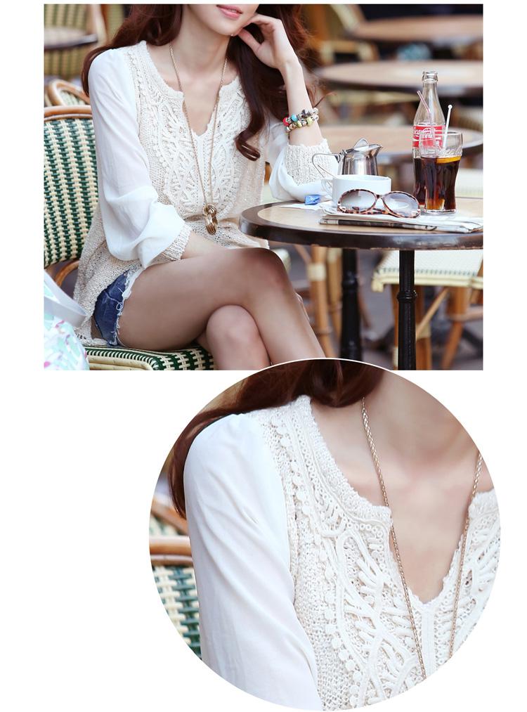 mssefn   2014秋装新款韩版白色V领雪纺花边套头针织衫8607-Q305
