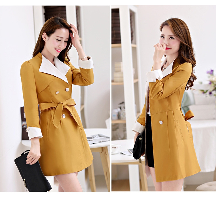 mssefn韩国女装外套新款秋季中长款双排扣九分袖系带修身风衣YYG8652