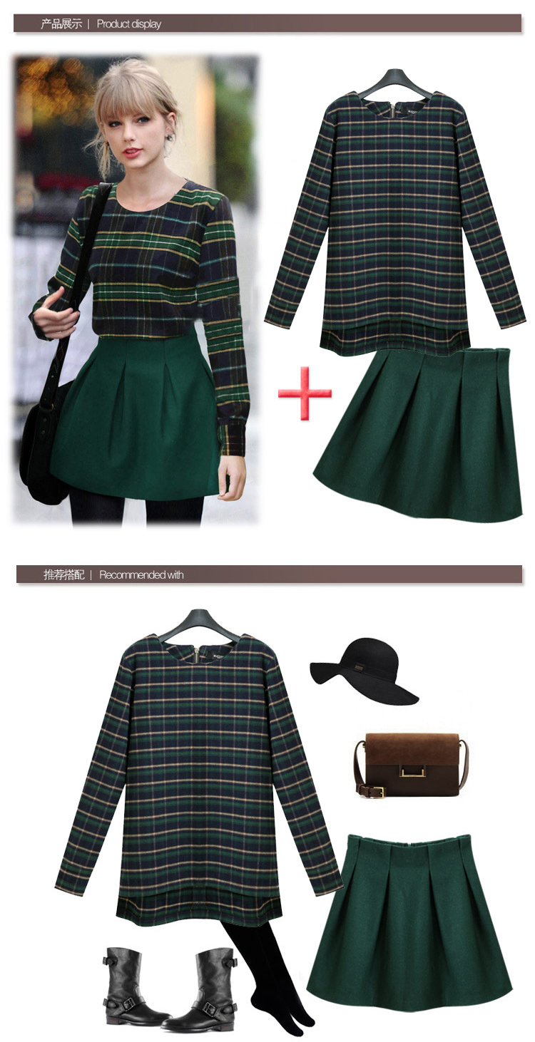 Mssefn2014秋冬新款韩版女装格子圆领上衣百褶修身两件套连衣裙h03