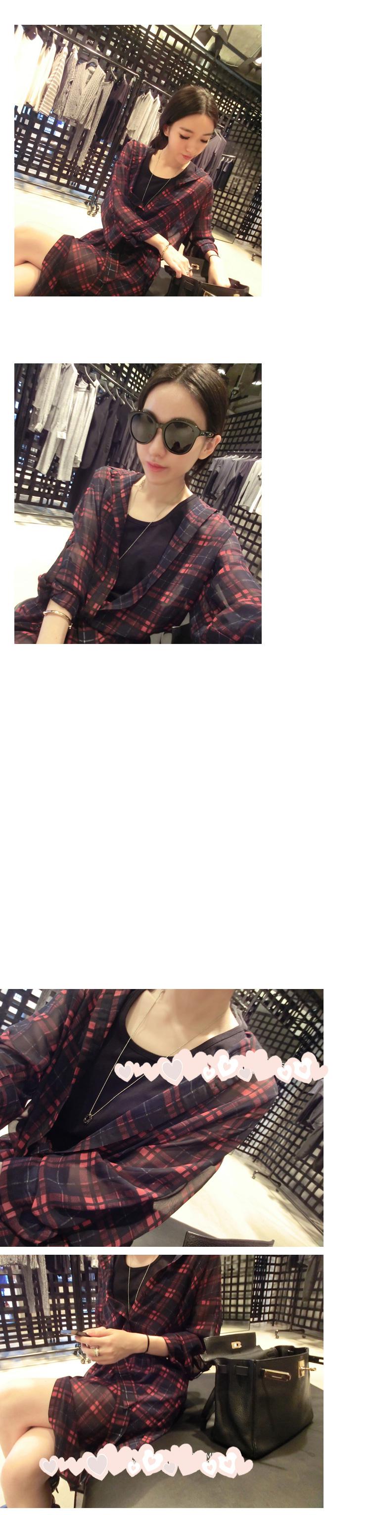 Mssefn 2014秋冬新款 薄款格子雪纺衬衫 中长款长袖衬衫 防晒衫8303-B141