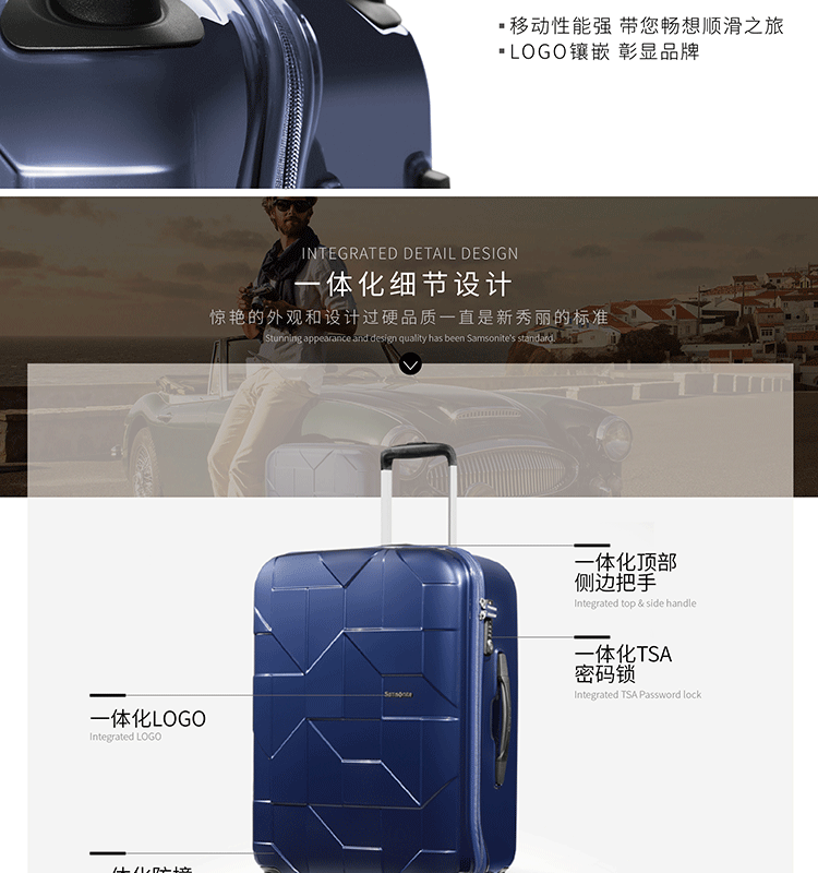 Samsonite/新秀丽万向轮商务拉杆箱时尚几何亮面行李箱可登机密码锁旅行箱I60深蓝色24寸