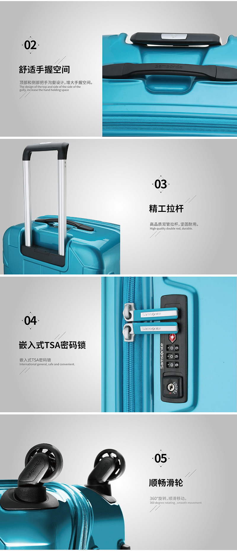 Samsonite/新秀丽万向轮商务拉杆箱 时尚几何亮面行李箱 可登机密码锁旅行箱I60蓝绿色24寸