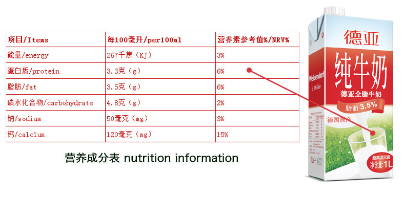 德亚德国原装进口全脂纯牛奶1L*6礼盒装整箱