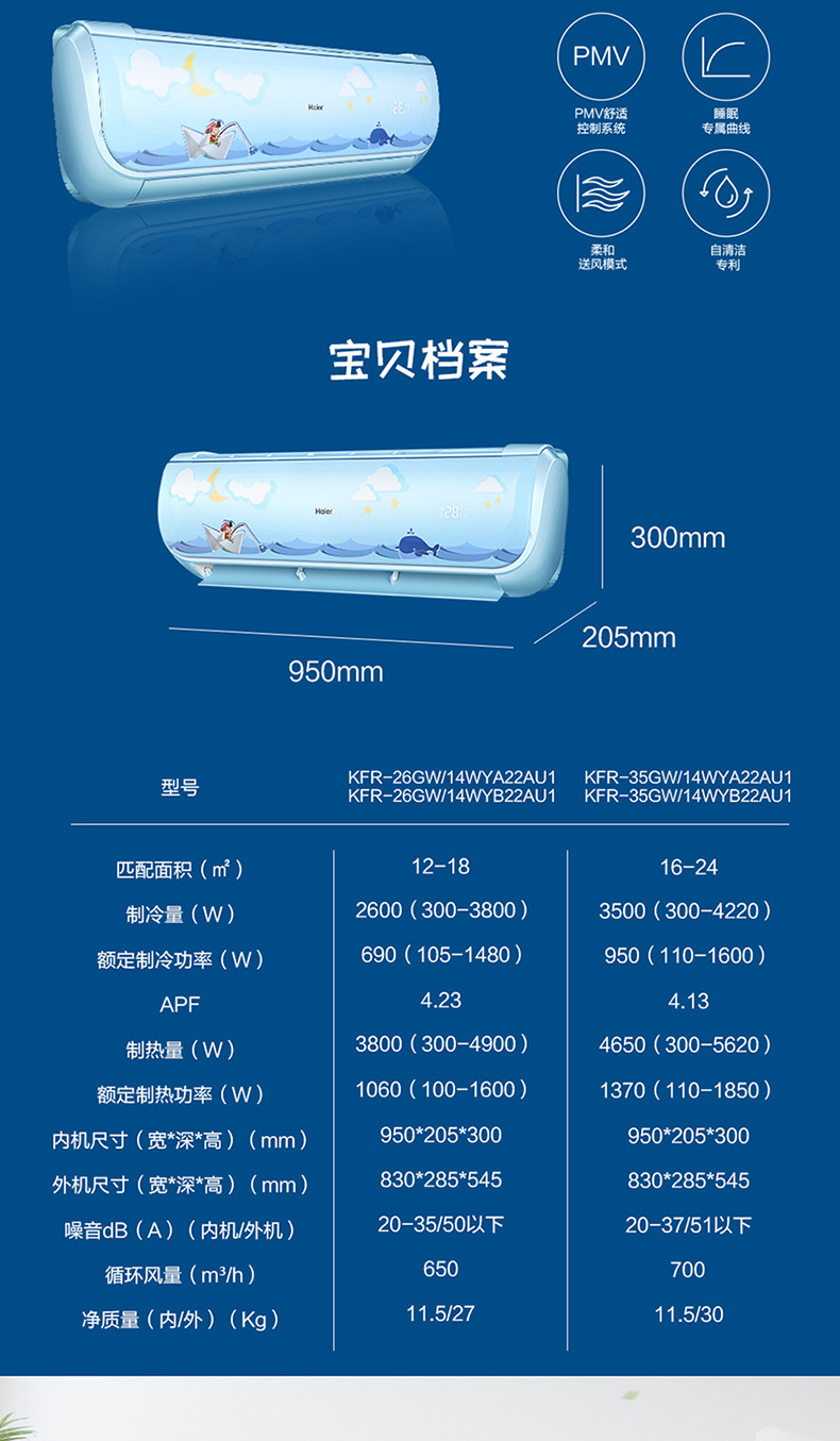 海尔/Haier KFR-26GW/14WYA22AU1 大1匹壁挂式母婴儿童变频空调