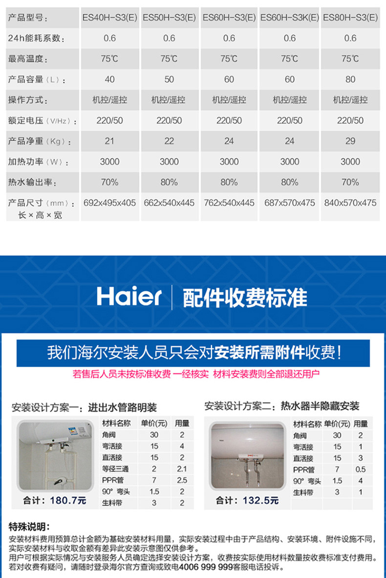 海尔/Haier ES60H-S3(E)家用60升速热储水式节能电热水器