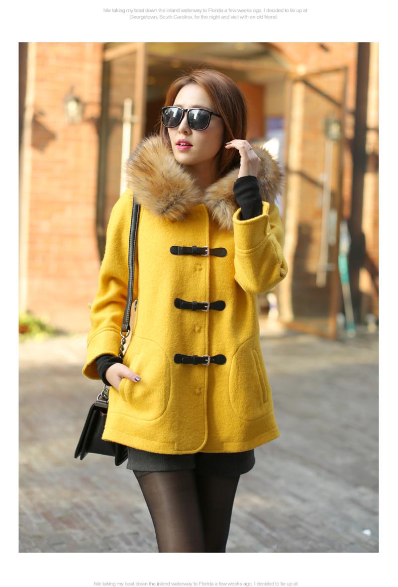 2014秋季外套女韩版女装中长款貉子毛领红人毛呢外套女
