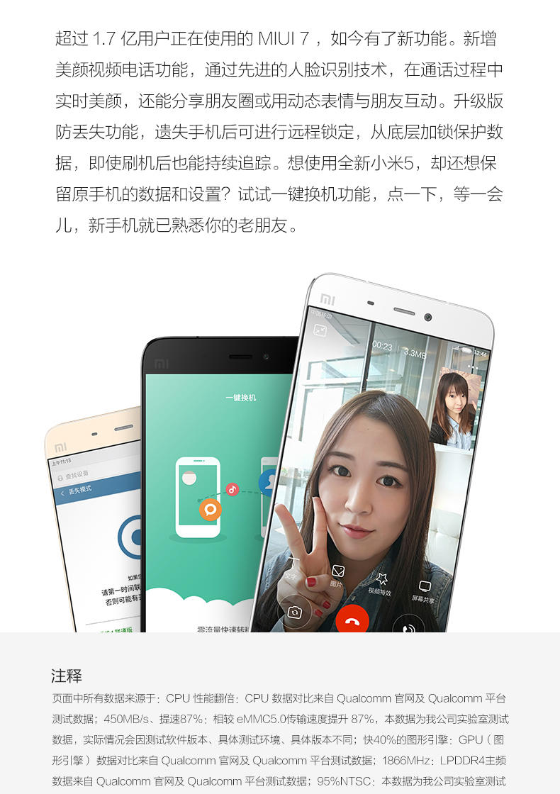 小米5 全网通 3GB+32GB 标配版 移动联通电信4G手机白色