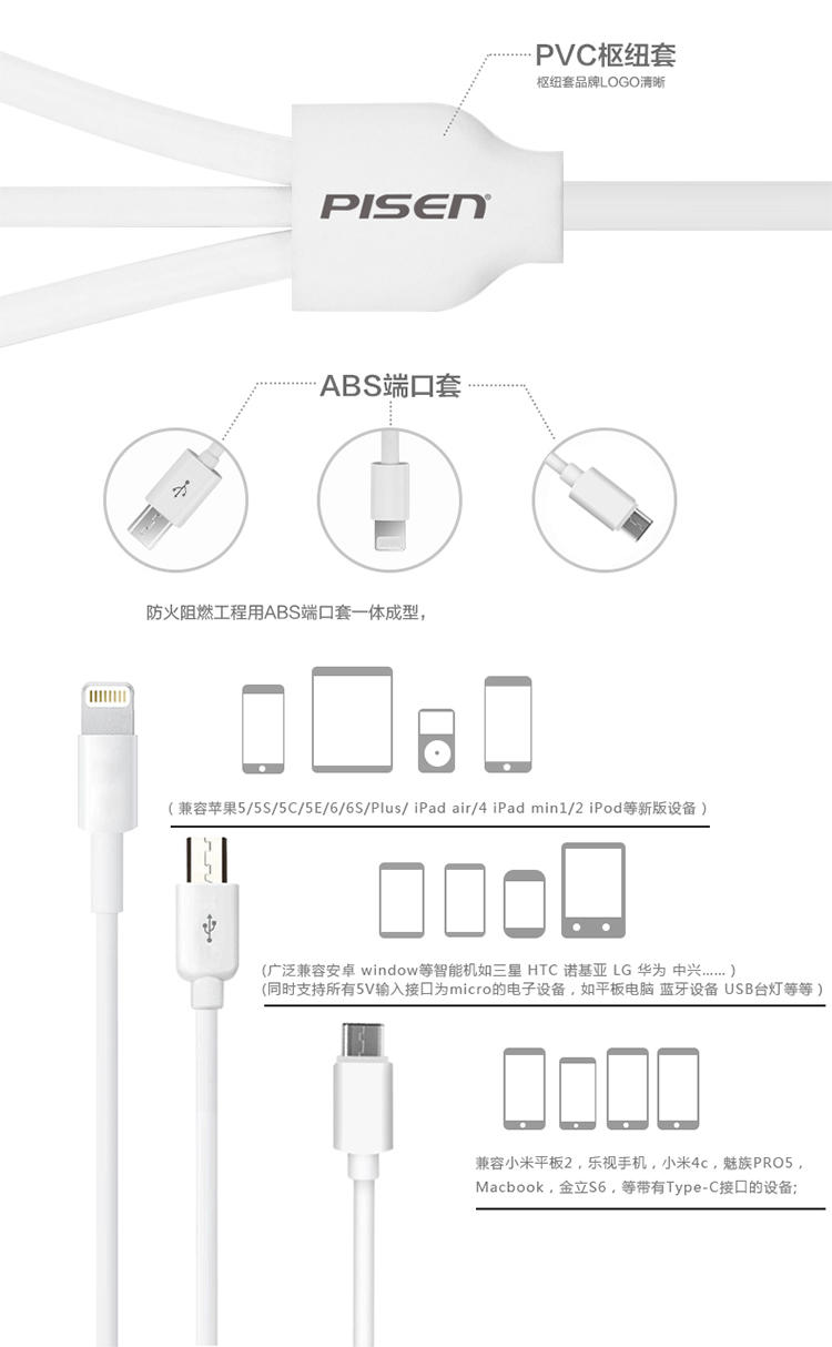 品胜 Type-C/Micro USB/Lightning接口 三合一手机数据线/充电线 一拖三多功