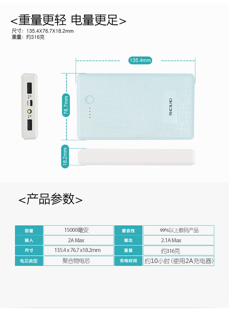 飞毛腿 15000毫安 移动电源/充电宝 聚合物 双USB输出 G15 蓝色