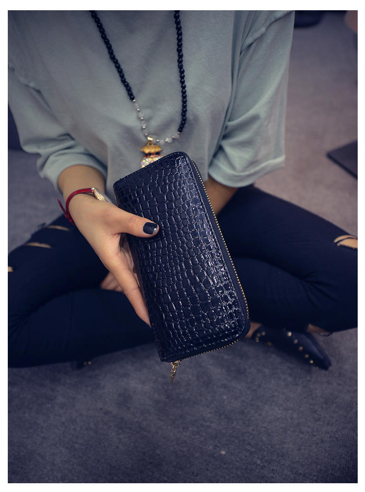 美约2016韩版新款时尚鳄鱼纹单拉链长款钱包女士手拿包卡包