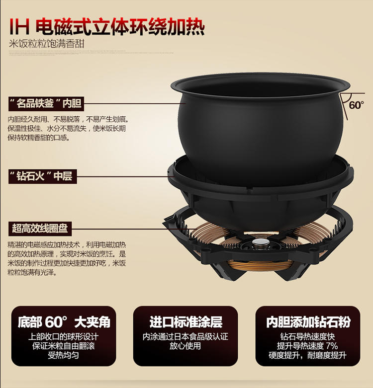 龙的LD-IH502智能预约定时电饭煲 5L多功能球斧铁饭柴火饭电饭锅