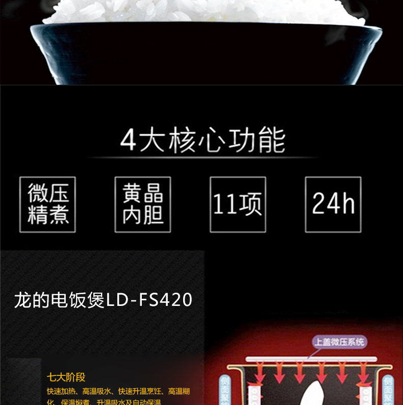 龙的（Longde）LD-FS420 智能电饭煲4L 黄晶不粘内胆电饭锅 煮饭煮粥