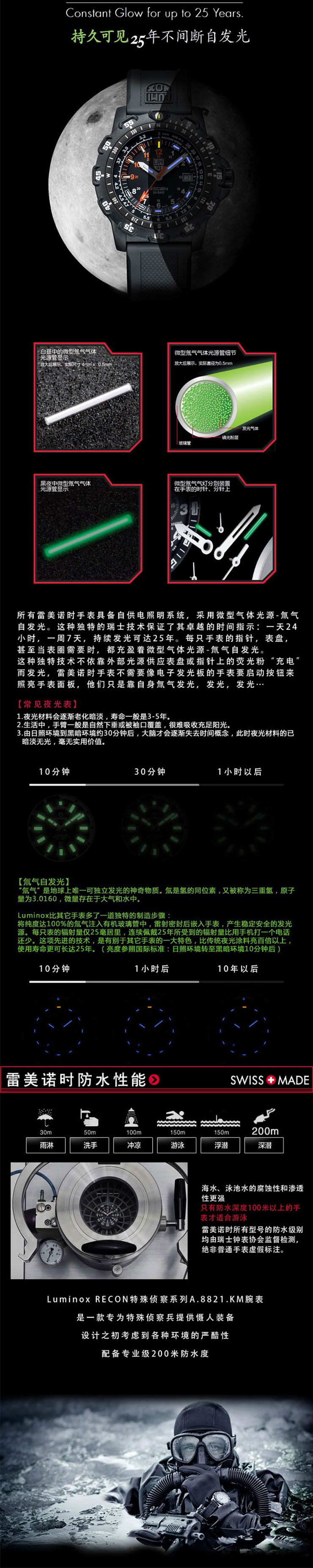 雷美诺时(luminox)户外多功能登山军迷用品防水指南针手表 A.8821.KM